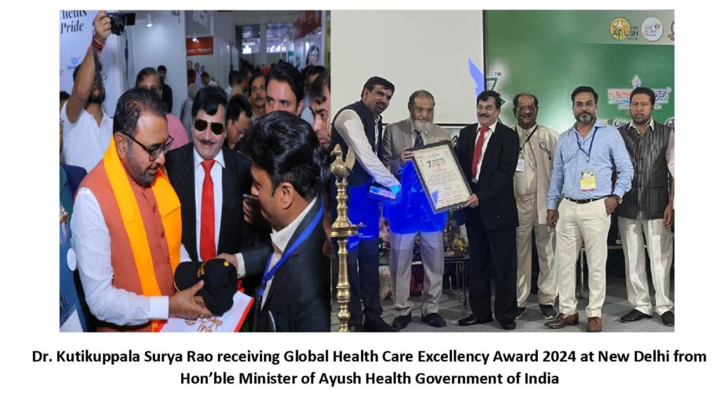 Vizag Vision : Global Health Care Excellency Award 2024 to Dr. Kutikuppala Surya Rao...Prestigious Global Health Care Excellency Award 2024 has been awarded to Dr. Kutikuppala Surya Rao Padmasri Awardee, at New Delhi jointly by Govt of India Ministry of Ayush, NCTP of Delhi and MSME during 7th International Health & Wellness Expo 2024 August 29-31. The Hon'ble Minister of Ayush Health Government of India Sri. Jadav Prataprao Ganpatro and former Minister Government of India Sri. Aswini Kumar Choubey…Dr. Kutikuppala Surya Rao while giving his keynote address at the inaugural day stressed the need for holistic health in the wake of the World Health Organization (WHO) and the Government of India signed an agreement to establish the WHO Global Centre for Traditional Medicine. This global knowledge centre for traditional medicine, supported by an investment of USD 250 million from the Government of India, aims to harness the potential of traditional medicine from across the world through modern science and technology to improve the health of people and the planet. Hon'ble Minister promised to try to Integrate Ayurveda with Modern Medicine…..Dr. Rao further said that around 80% of the world's population is estimated to use traditional medicine and to date, 170 of the 194 WHO Member States have reported the use of traditional medicine, and their governments have asked for WHO's support in creating a body of reliable evidence and data on traditional medicine practices and products. 