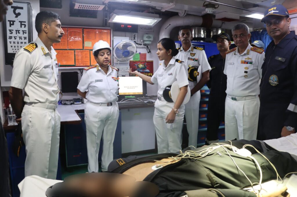 Vizag vision : Surg VAdm Kavita Sahai, Director General Medical Services (Navy) visited Eastern Naval Command and was briefed on the Command and its medical facilities. She thereafter visited INS Shivalik of the Sunrise Fleet.The Admiral was also briefed about medical facilities onboard ships along with utilisation of SWASTH /Telemedicine Facility, Combat Medical Care and Casualty Evacuation. She also reviewed the Portable Containerised Medical Facility (PCMF) used for hospital ship role and for delivering medical aid to civilian populace affected by natural disasters.